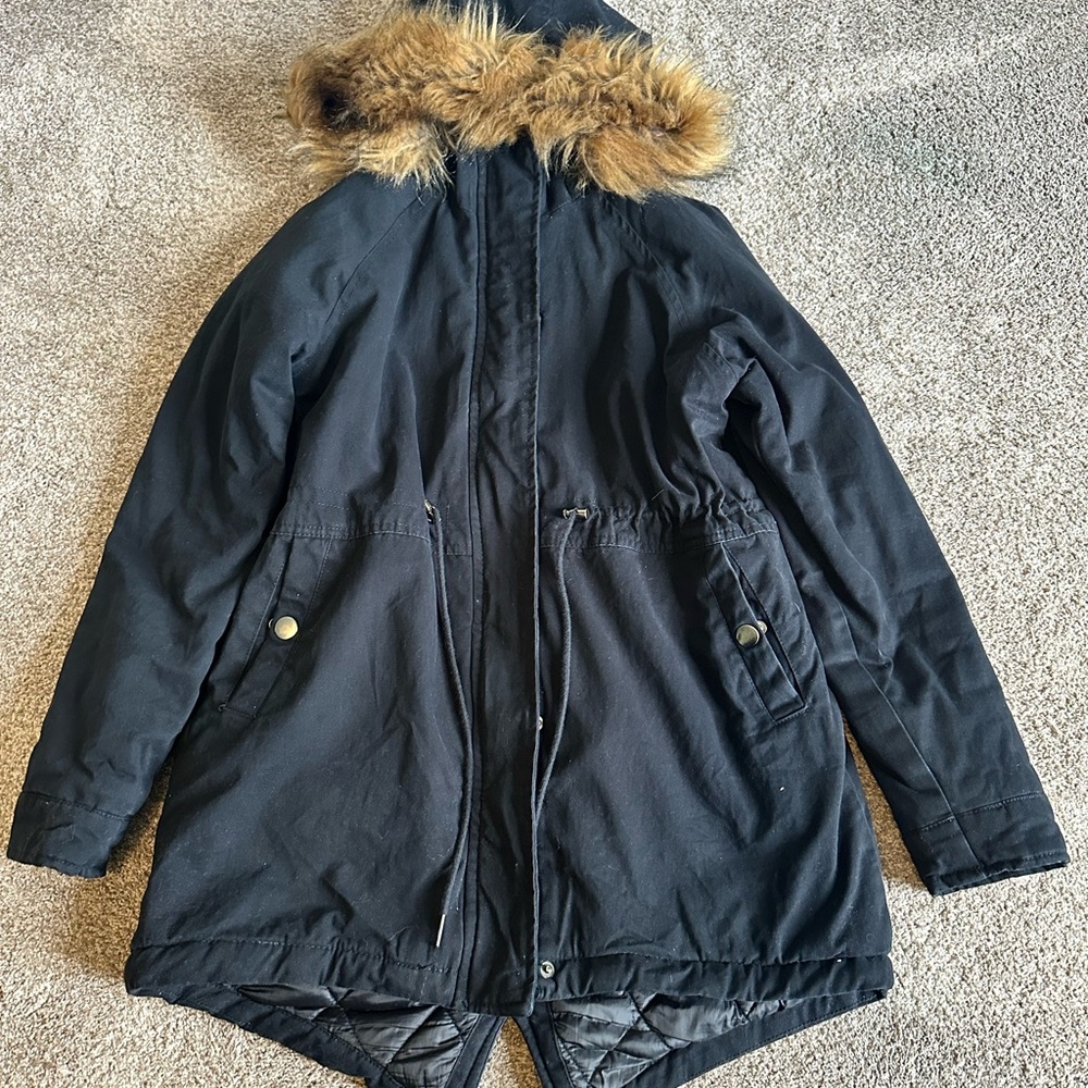Aeropostale Jacket woman’s Small S Black Faux Fur Lined Hooded Parka Winter Coat